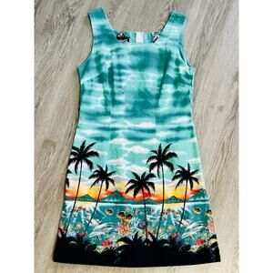 VTG Shannon Marie Women Small Cotton Hawaiian Dress Teal Palm Tropical Vacation